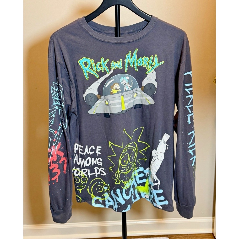 Rick and Morty Men's Charcoal Long Sleeve Graphic Crew Neck Tee Size L 2RSN095
